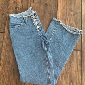 VTG Button Fly Jrs Denim Y2K 90s Frayed Hem Low-Rise Bootcut Flare Wide Jeans